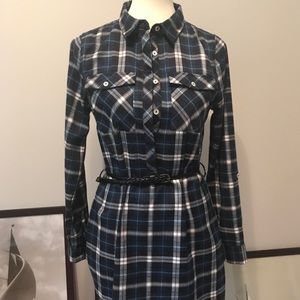 NSR mini checkered long sleeves print dress + belt